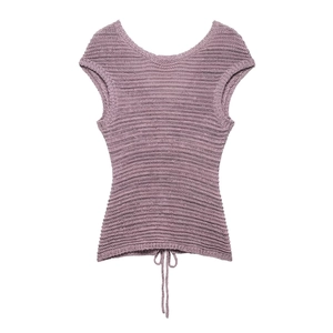 Short sleeve light purple textured knit top with a drawstring hem for women