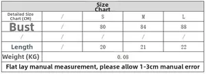 Detailed size chart for plaid crop top and skirt set showing S, M, L measurements in CM