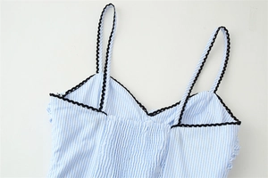 Détail de la robe à rayures bleues montrant le dos smocké et le bord ondulé noir