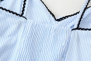 Détails de la robe à rayures bleues avec bordure ric-rac noire et poitrine smockée