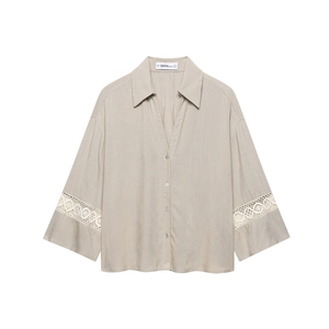 Women's oatmeal cotton linen shirt with vintage lace patchwork and V-neckline design