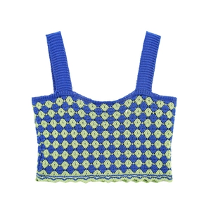 Close-up of blue and green checkered knit tank top featuring a scalloped hem detail
