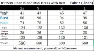 Detailed size chart for linen blend midi dress including measurements for XS to L sizes