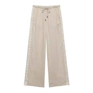 Minimalist wide-leg pants with elastic drawstring waist and white lace embroidery detailing