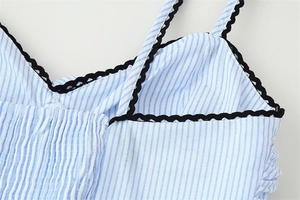 Détail de robe à rayures bleu clair avec dentelle festonnée noire et fronces
