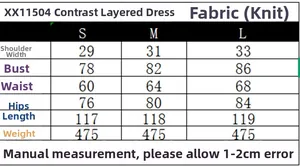 Tableau des tailles pour robe en tricot avec mesures d'épaules, poitrine, taille et hanche