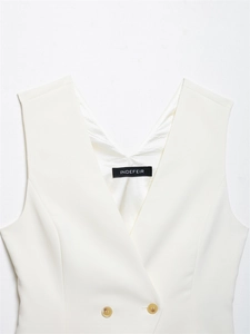 Detailed macro shot of white V-neck vest showing resin buttons and premium inner lining