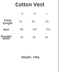 Detailed size chart for sleeveless padded vest showing S, M, L dimensions and weight
