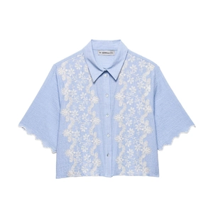 Women's Light Blue Short Sleeve Shirt White Flower Embroidery Scalloped Edge Loose Button Down Blouse Top For Summer