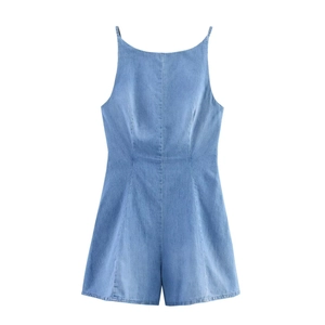 Combishort en Jean Sexy pour Femmes Col Carré Sans Manches Dos Nu à Lacets Taille Haute Mélange de Coton Tenue d'Été