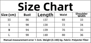 Detailed size chart for women's two-piece set showing chest, length, waist, and shoulder specs