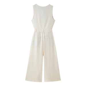 Detail view of the back of a beige sleeveless jumpsuit with textured cotton-linen fabric
