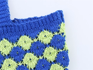 Detail shot of the blue and green checkered knit tote bag showing woven texture