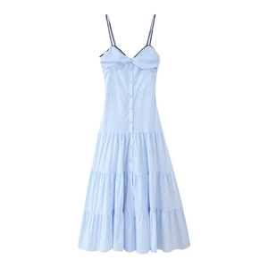 Robe Maxi à Bretelles Rayée pour Femmes Été Étages Bordure Festonnée Dos Smocké Sans Manches Élégant Vacances Plage
