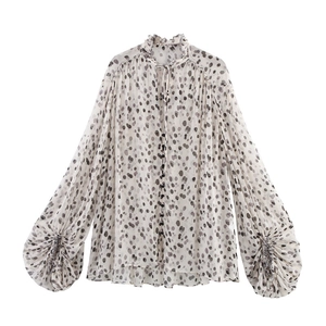 Women Ruffle Stand Collar Polka Dot Blouse Chiffon Long Sleeve Tie-neck Shirt Elegant Spring Office Lady Tops Regular Fit