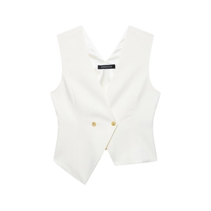 Women's Casual White Asymmetric Hem Vest V Neck Sleeveless Double Breasted Waistcoat Streetwear Spring Fashion Tops