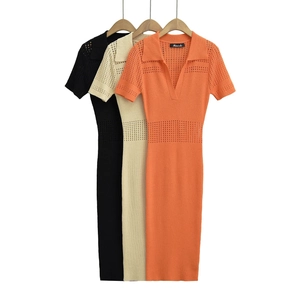 Robe Midi en Tricot Coupe Slim pour Femmes Sexy Polo Col en V Ajouré Manches Courtes Robe en Tricot Moulante pour Printemps Été