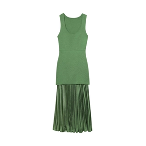 Robe Longue Sans Manches Patchwork pour Femme Haut en Tricot Effet Satiné Jupe Plissée Col Rond Taille Haute Robe Longue