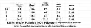 Detailed size chart for the minimalist pilot jacket with 100% polyester fabric details