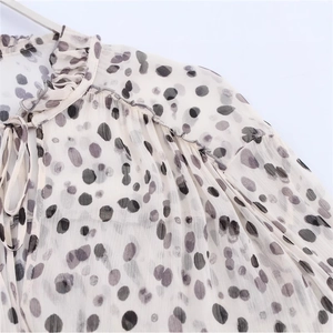 Women's 2025 spring chiffon shirt with animal print, ruffle collar and neck tie detail