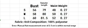 Detailed size chart for women's colorful knit sweater including S, M, L dimensions