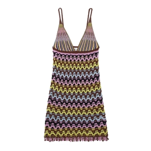 Detail of colorful zigzag crochet knit pattern and V-neckline on summer dress