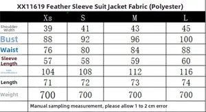 Size chart for women's blazer with feather cuffs featuring detailed measurements and fabric info