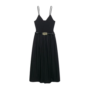 Elegant Women Black Sleeveless Spaghetti Strap V-Neck Dress With Belt High Waist Pleated A-Line Midi Dress Formal Party Gown