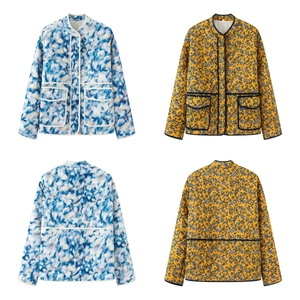 Women Floral Printed Quilted Jacket Lightweight Stand Collar Button Down Long Sleeve Casual Outerwear Coat Padded Parka