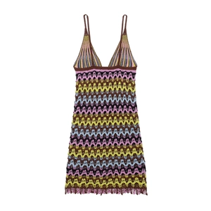 Detail of bohemian chevron knit mini dress with colorful wave pattern and thin straps