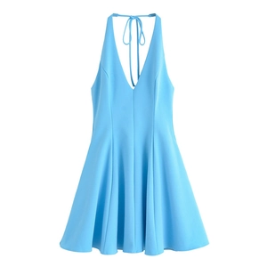 Detail of sky blue halter neck skater dress with deep V-neckline and elegant pleats