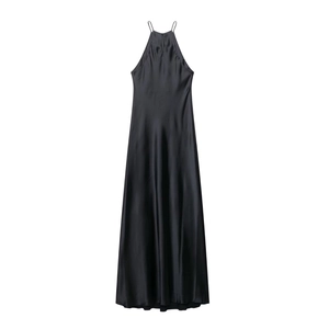Women Elegant Halter Neck Satin Midi Dress Sleeveless Backless Solid Black Evening Party Banquet Sexy Summer Dress