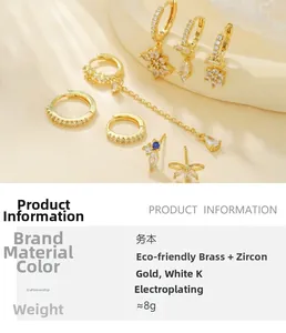 Detail of gold flower zircon tassel earrings set made of eco-friendly brass material