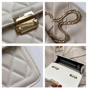 Macro detail of beige quilted crossbody bag with gold hardware and woven chain strap