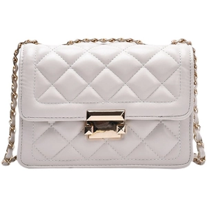 Chic beige quilted crossbody bag with golden chain strap and rectangular metal clasp