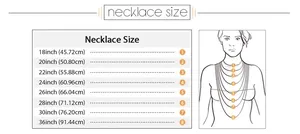 Detailed necklace length size chart showing 18 to 36 inch options with a model guide