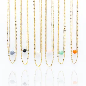 Vintage Stainless Steel Double Layer Necklace For Women Gold Plated Natural Stone Pendant Moonstone Green Aventurine Necklaces Jewelry Gift