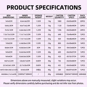 Size guide table for kraft paper jewelry boxes including ring, watch, and necklace cases