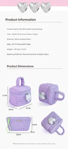Quilted nylon purple makeup bag set showing dimensions and specifications in detail