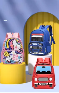 Detailed display of cute pink unicorn, blue truck, and red car cartoon kids backpacks