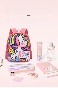 Pink cartoon unicorn backpack for kids with organized matching stationery accessories