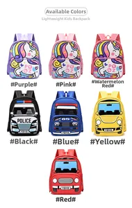 Detailed view showing seven colorful lightweight cartoon backpacks for kids in various styles