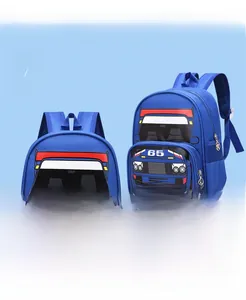 Blue waterproof kids backpack featuring a 3D cartoon race car design and mesh side pockets