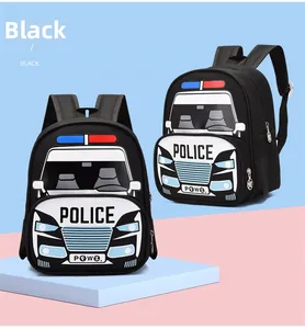 Detail of black cartoon police car preschool backpack with wide cushioned shoulder straps