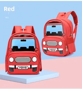 Detailed view of red cartoon car schoolbag with mesh side pocket and zipper pockets