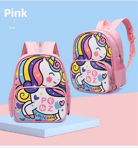 Detailed front and side views of pink unicorn school bag with water-resistant fabric