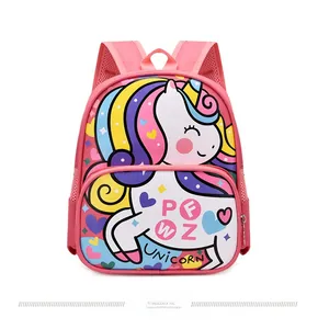 Front view of pink children's unicorn backpack with waterproof fabric and cartoon design