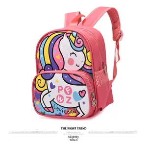 Slight side view of pink unicorn backpack with mesh side pocket and zipper compartment