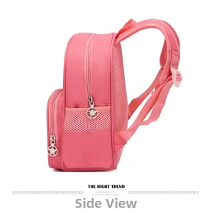 Side view of pink cartoon school backpack with breathable honeycomb mesh and star zipper
