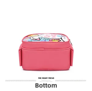 Bottom view of pink unicorn lunch bag featuring water-resistant fabric and smooth zippers